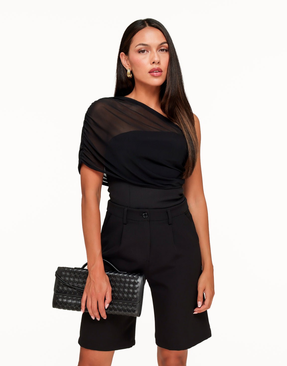 Zwarte Gedrapeerde Mesh One Shoulder - Top - Olivia & Kate
