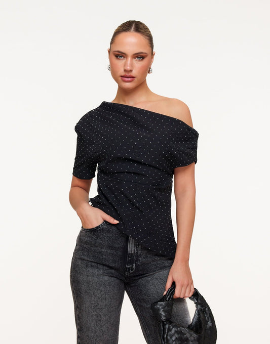 Zwarte Gedrapeerde Off Shoulder Zilveren Stenen SS - Top - Olivia & Kate