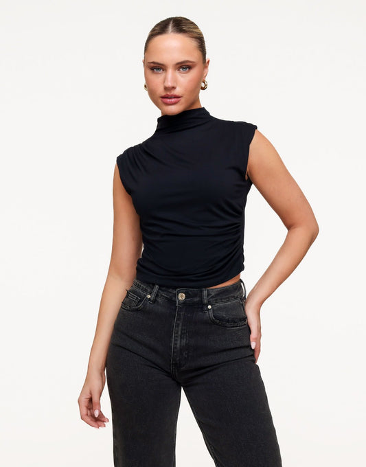 Zwarte Geplooide Col SS - Top - Olivia & Kate