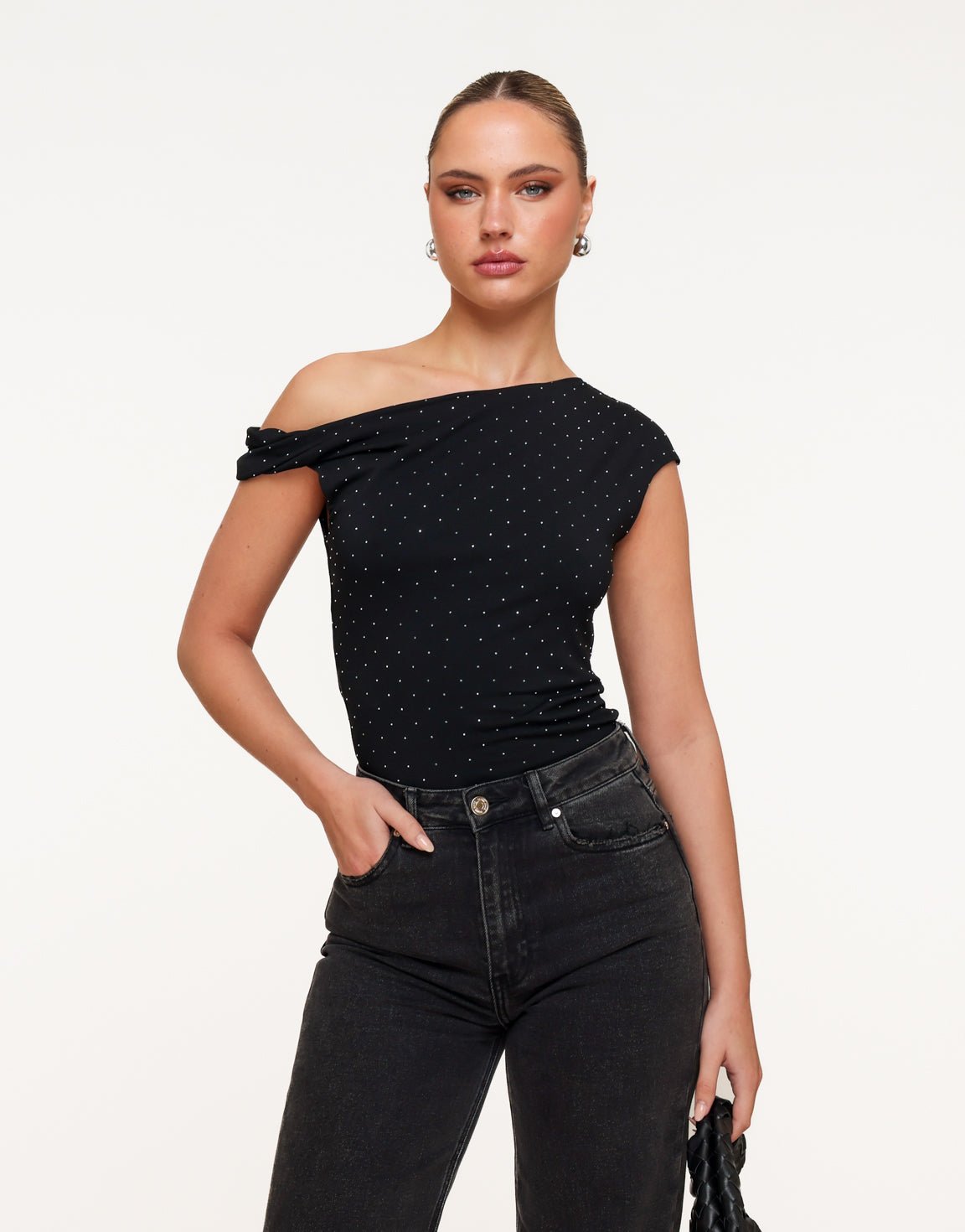 Zwarte Glitter One Shoulder - Top - Olivia & Kate