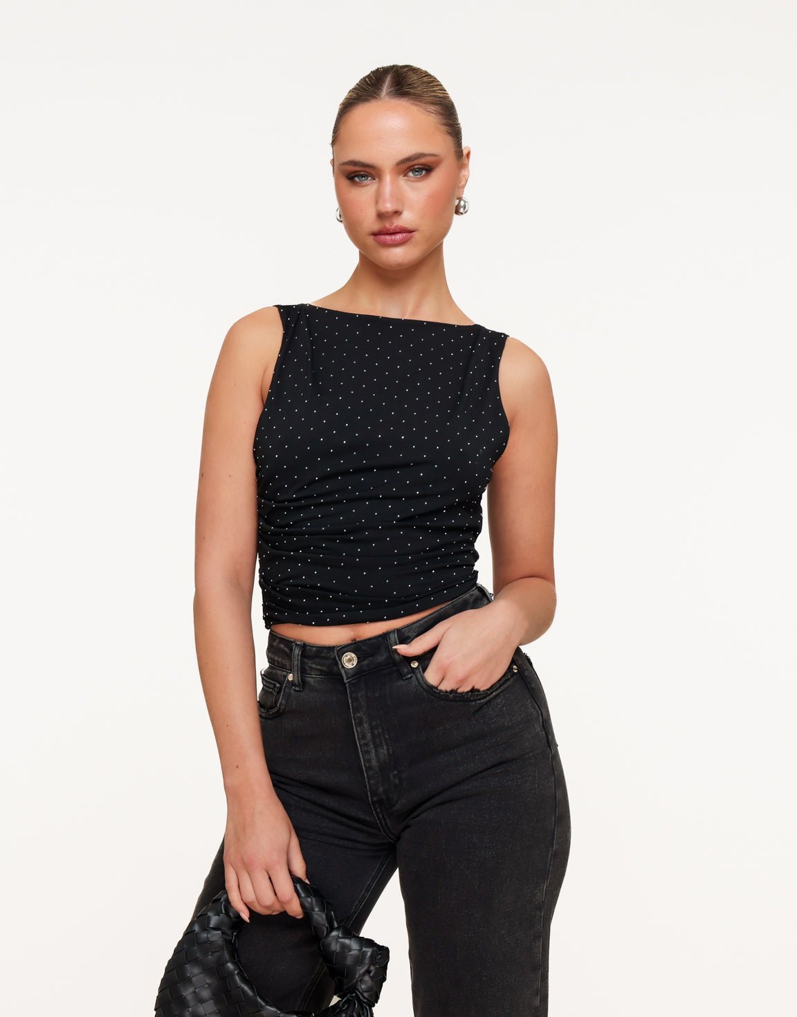 Zwarte Glitter Stenen Open Rug - Top - Olivia & Kate