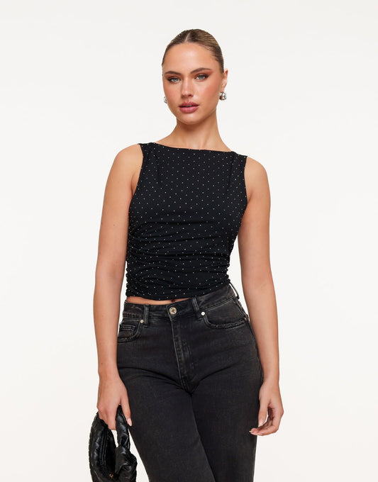 Zwarte Glitter Stenen Open Rug - Top - Olivia & Kate