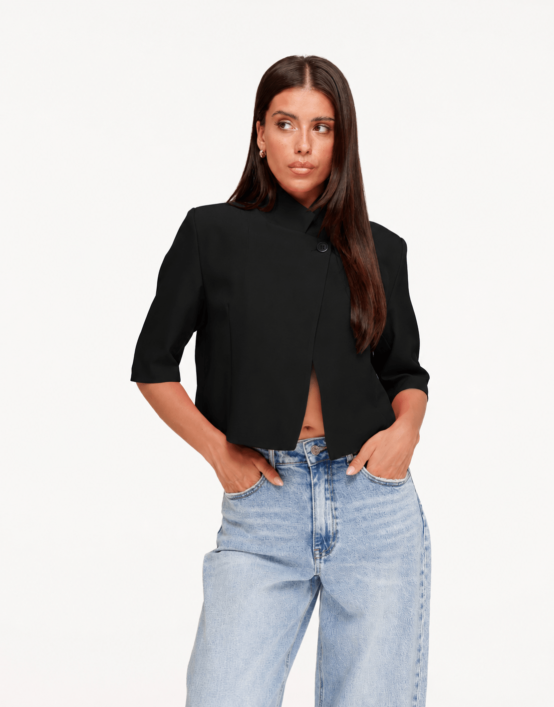 Zwarte Hoge Knoop Split Cropped - Blazer - Olivia & Kate