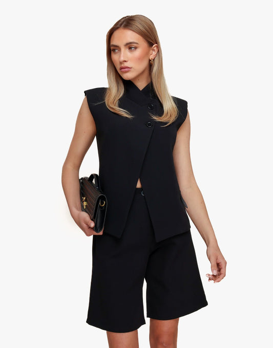 Zwarte Hoge Knoop Split - Gilet - Olivia & Kate