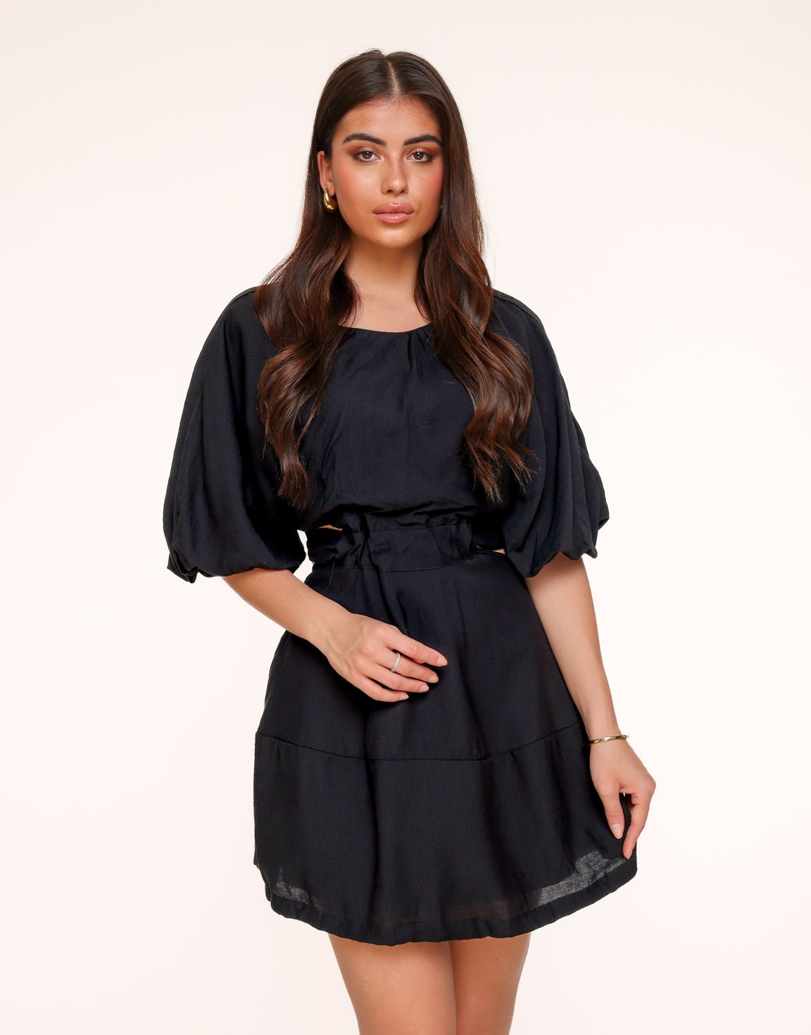 Black Short Puff Sleeves Tie Back - Dress - Olivia & Kate