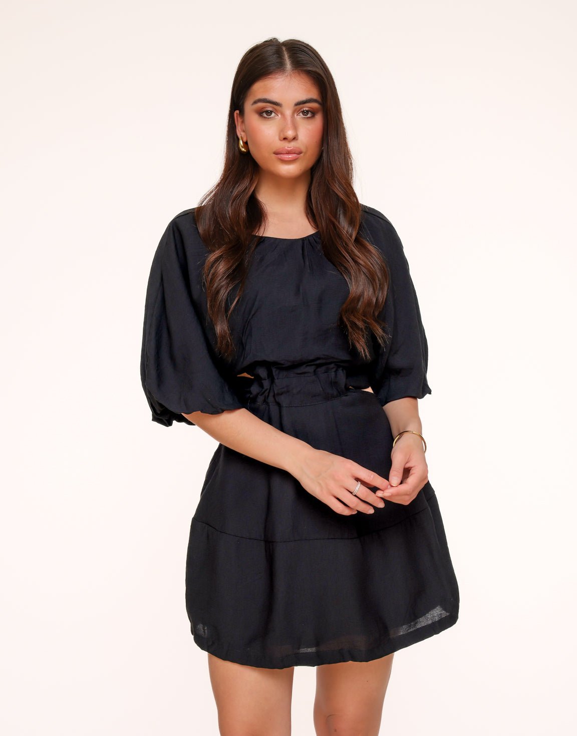 Black Short Puff Sleeves Tie Back - Dress - Olivia & Kate