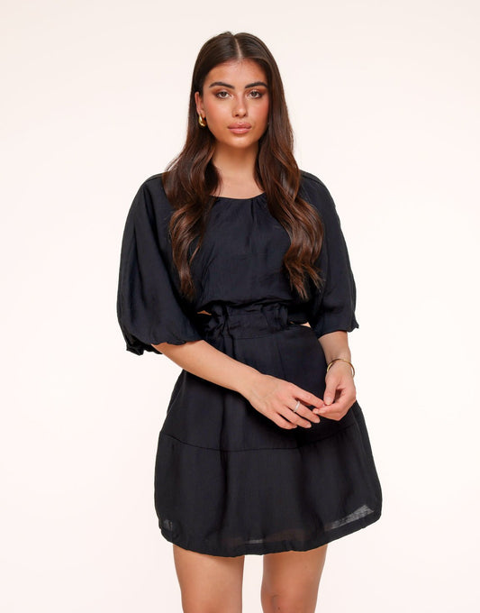Black Short Puff Sleeves Tie Back - Dress - Olivia & Kate