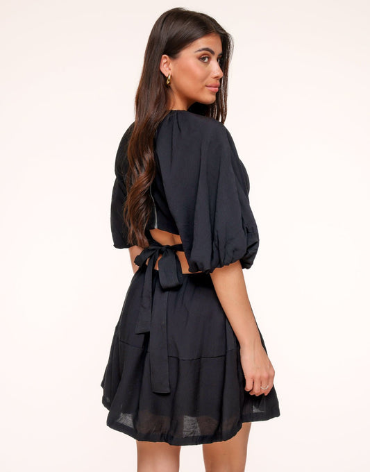 Black Short Puff Sleeves Tie Back - Dress - Olivia & Kate