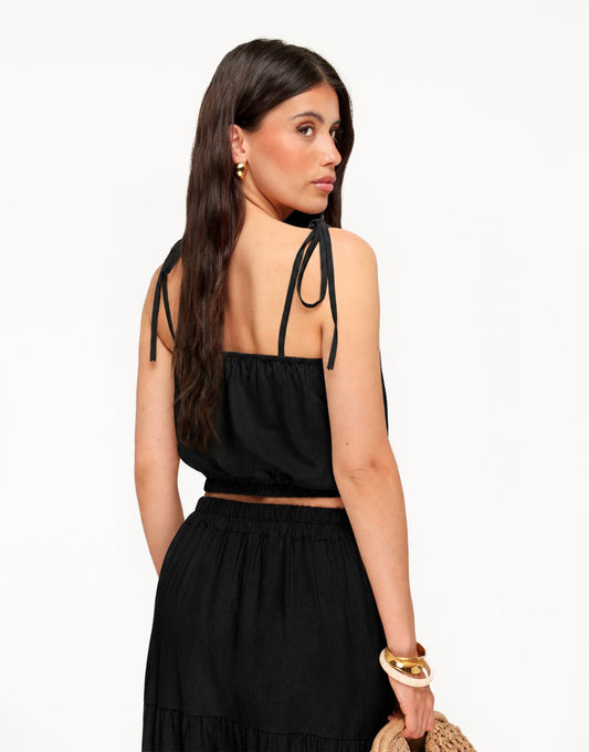 Zwarte Linnen Mouwloze Cropped Wijde Maxi - Set - Olivia & Kate