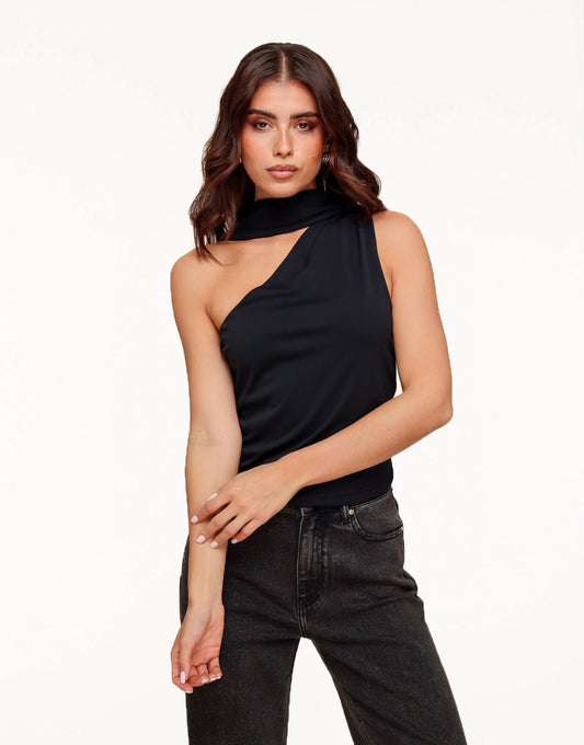 Zwarte One Shoulder Sjaal Detail - Top - Olivia & Kate