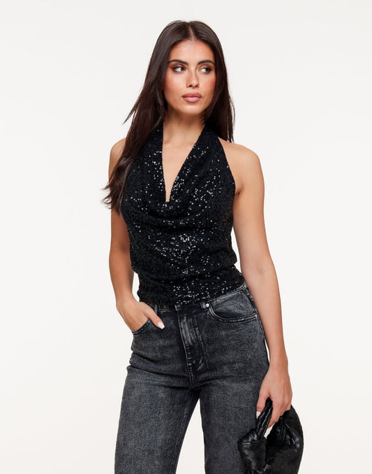 Zwarte Pailletten Halter Hals - Top - Olivia & Kate