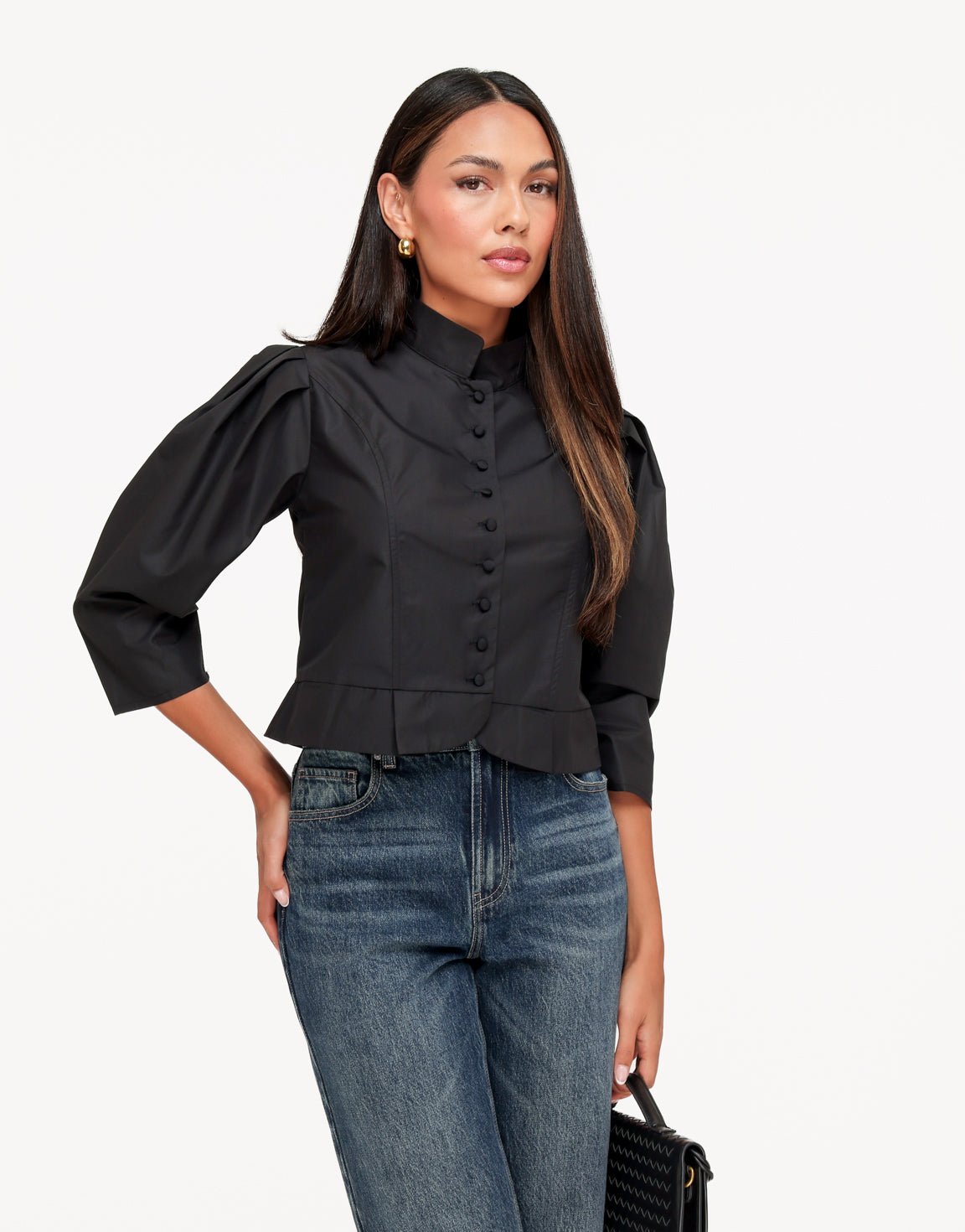 Zwarte Pofmouwen Knoopjes LS - Blouse - Olivia & Kate