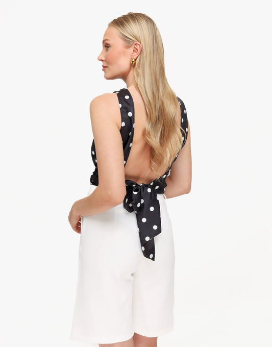 Zwarte Polkadot Satijnen Open Rug - Top - Olivia & Kate