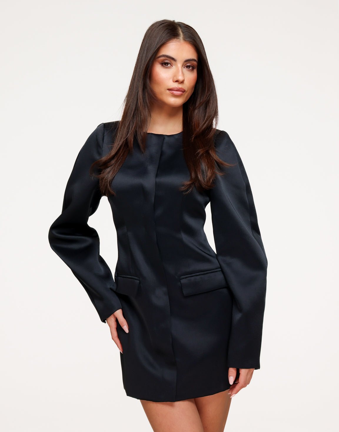 Zwarte Satijnen Ballonmouwen - Jurk - Olivia & Kate