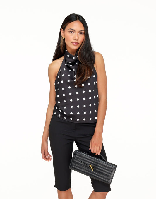 Zwarte Satijnen Polkadot Hoge Hals - Top - Olivia & Kate