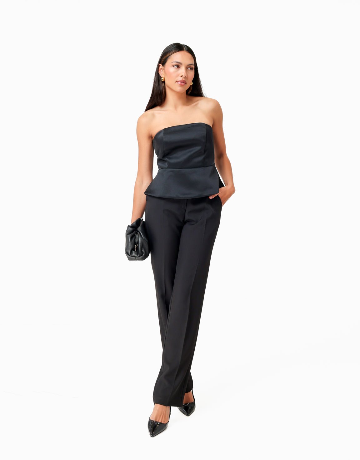 Zwarte Satijnen Strapless Peplum - Top - Olivia & Kate