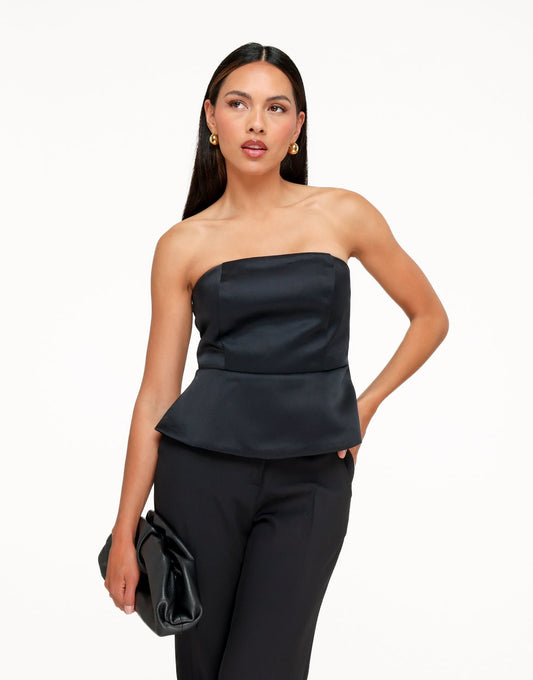 Zwarte Satijnen Strapless Peplum - Top - Olivia & Kate