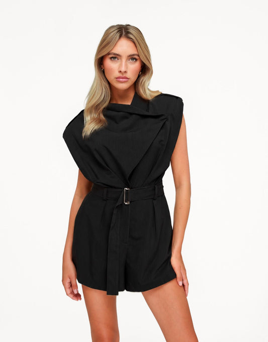 Zwarte Schouderpads Ceintuur - Playsuit - Olivia & Kate