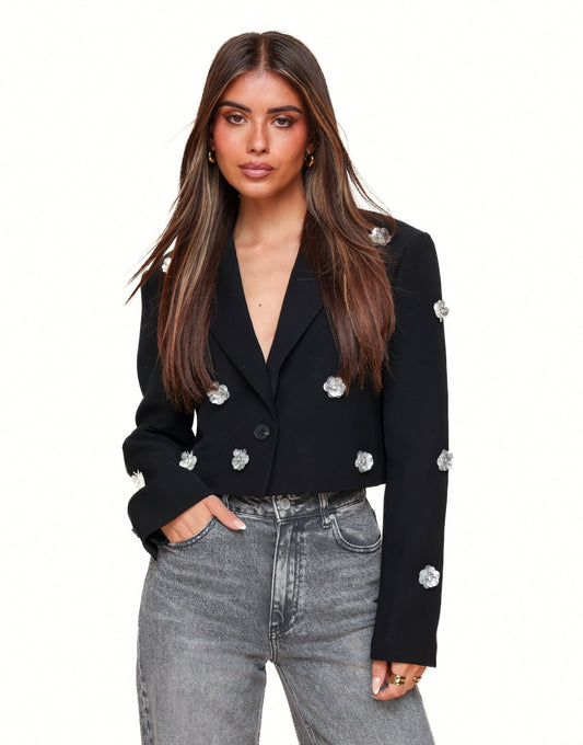 Zwarte Statement Bloemen Cropped - Blazer - Olivia & Kate