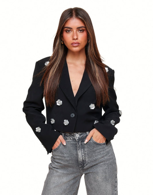 Zwarte Statement Bloemen Cropped - Blazer - Olivia & Kate