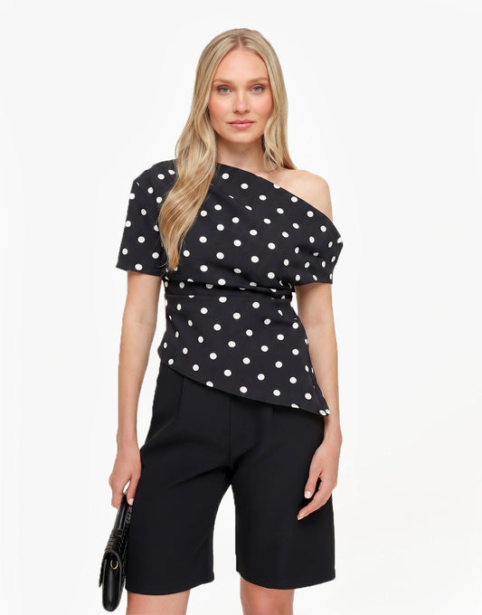 Zwarte Stippen Gedrapeerde Off Shoulder - Top - Olivia & Kate