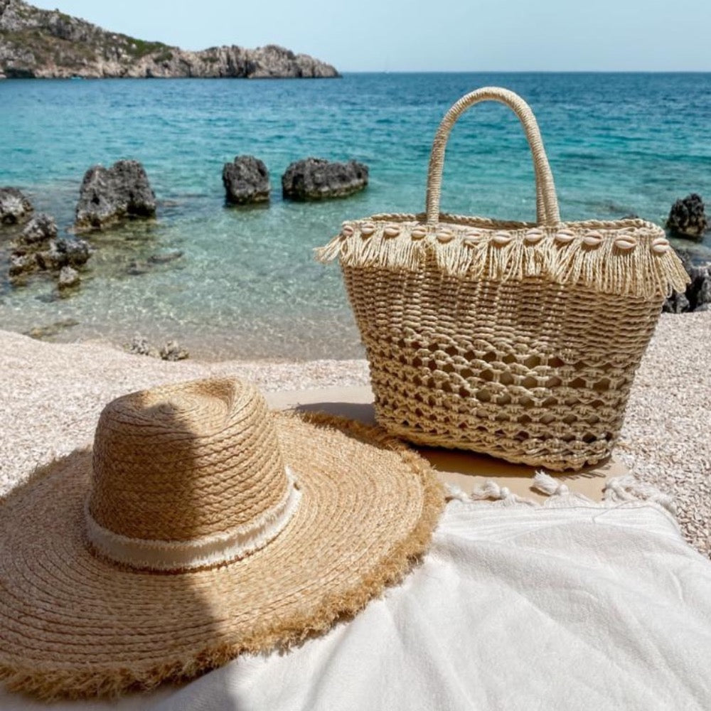 Beige Wicker Shell Beach - Bag